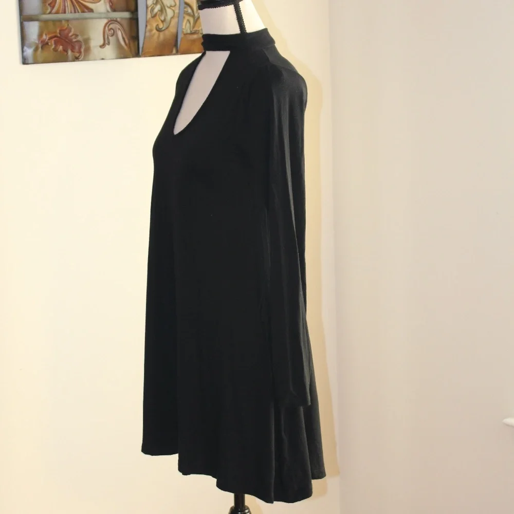 Express, black long sleeve mock neck cut-out dress ....
